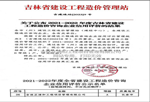 2021-2022年度吉林省建设工程造价咨询企业信用评价A级